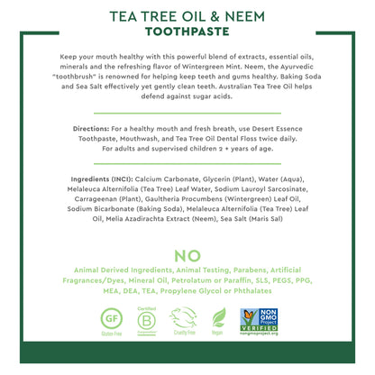 Desert Essence Tea Tree Oil & Neem Toothpaste - Fluoride-Free, Vegan, Wintergreen 6.25 oz