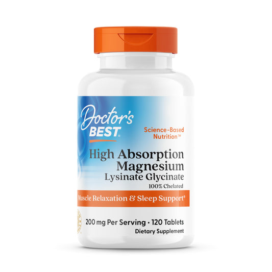 Doctor’s Best High Absorption Magnesium Glycinate Lysinate – 200 ملجم، 120 قرص | للنوم واسترخاء العضلات