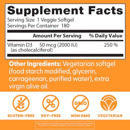 Doctor's Best Vitamin D3 2000 IU – Supports Heart, Bones & Immunity | 180 Veggie Softgels