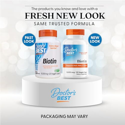 Doctor's Best Biotin - Hair, Skin & Nails | 10,000 mcg | 120 Veggie Caps | Non-GMO, Gluten Free, Soy Free, Vegan