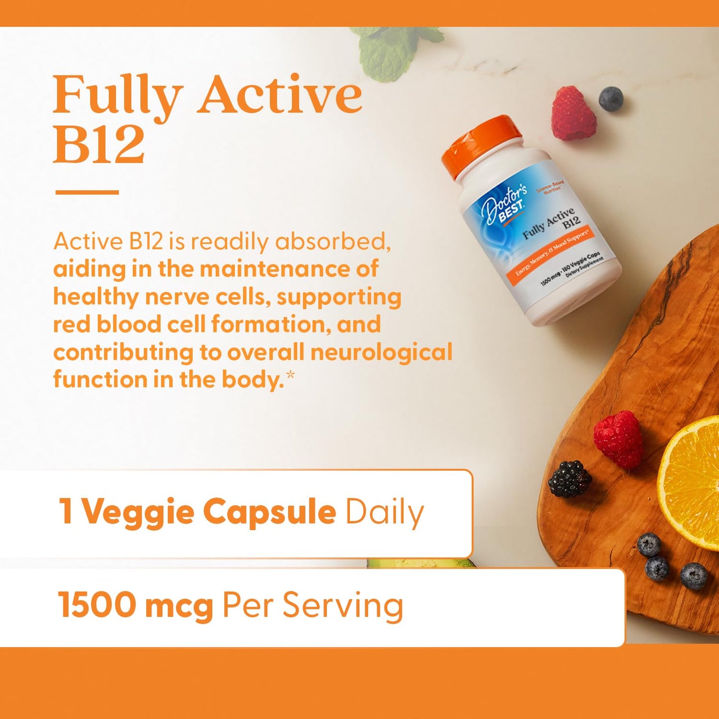 Doctor’s Best Fully Active Methyl B12 (Methylcobalamin) – Energy, Memory & Mood Support | Vegan 180 Veggie Caps