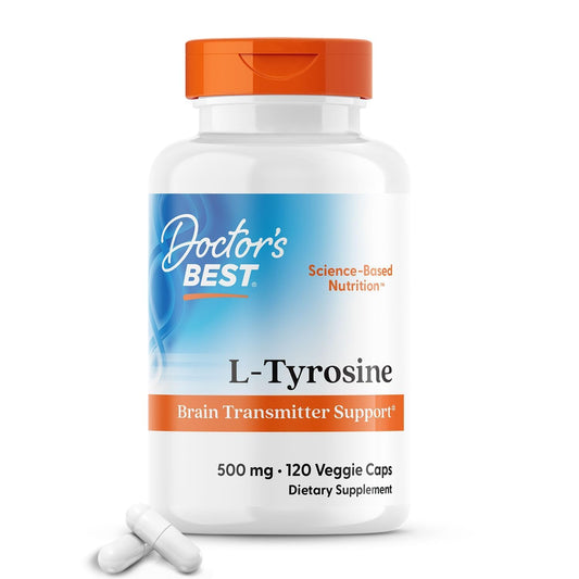 Doctors Best L-Tyrosine 500 mg – دعم النواقل العصبية بالدماغ | غير معدّل وراثيًا وخالٍ من الجلوتين | 120 كبسولة نباتية
