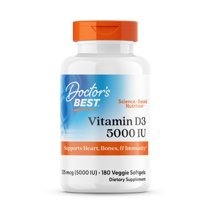 Doctor's Best Vitamin D3 5000 IU - Supports Heart, Bones & Immunity - Non-GMO, Gluten Free, Soy Free, Vegetarian - 180 Veggie Softgels