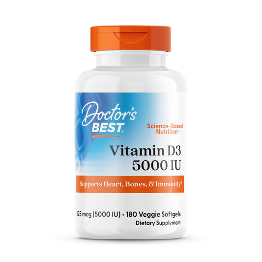 فيتامين د3 بتركيز 5000 وحدة دولية من Doctor's Best - يدعم صحة القلب والعظام والمناعة - خالٍ من الكائنات المعدلة وراثيًا والجلوتين والصويا - 180 كبسولة هلامية نباتية