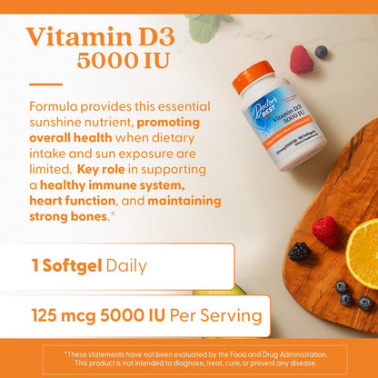 Doctor's Best Vitamin D3 5000 IU - Supports Heart, Bones & Immunity - Non-GMO, Gluten Free, Soy Free, Vegetarian - 180 Veggie Softgels