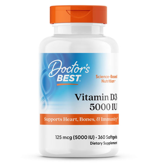 Doctor's Best فيتامين د3 5,000 وحدة دولية – دعم المناعة وصحة العظام والقلب | 360 كبسولة (عبوة من 1) | غير معدل وراثيًا، خالٍ من الغلوتين، خالٍ من الصويا