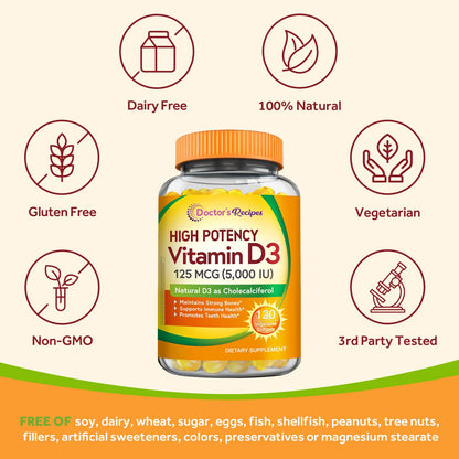 Doctor's Recipes Vitamin D3 5000IU — Immune Support, 120 Vegetarian Softgels