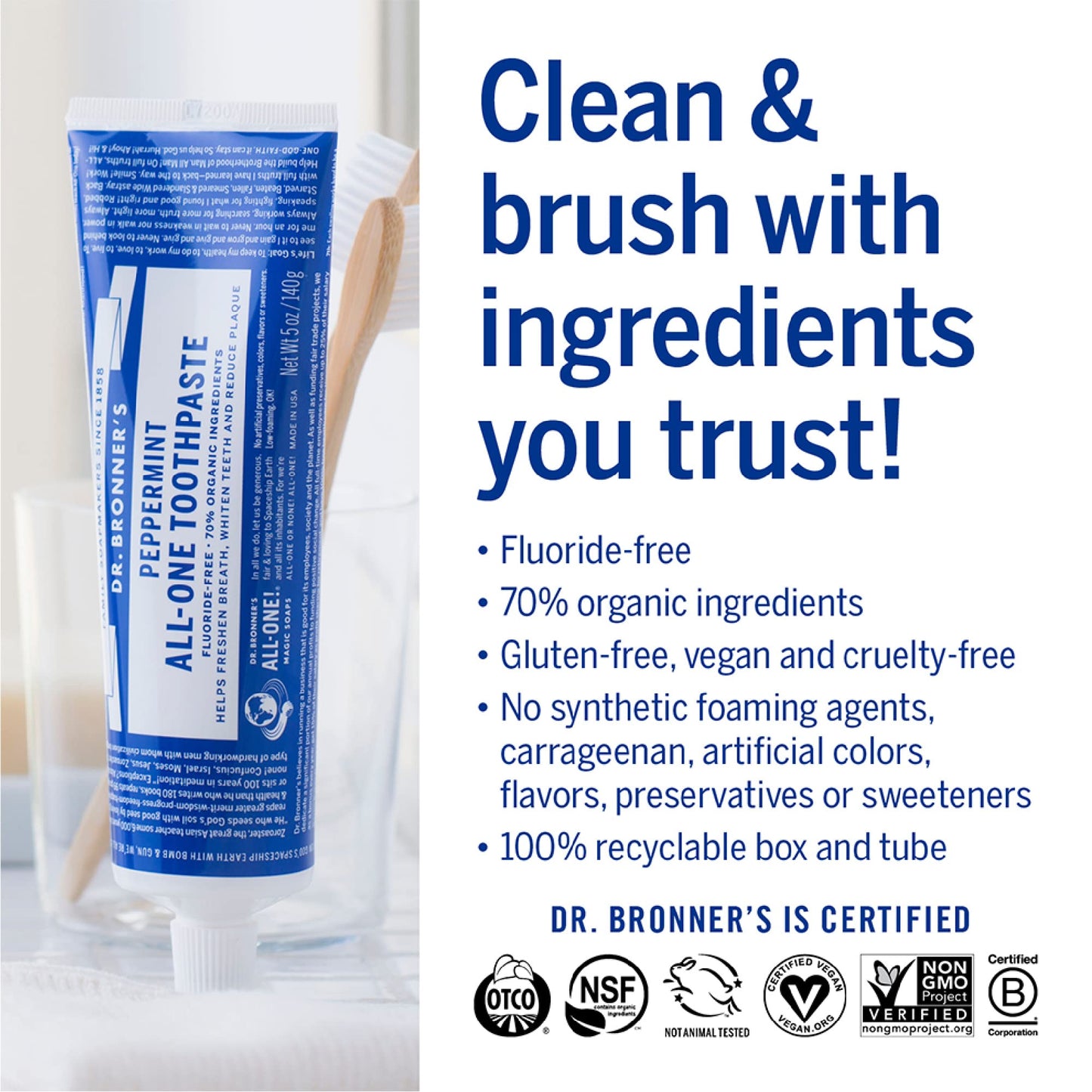 Dr. Bronner’s All-One Toothpaste Variety Pack – Peppermint & Spearmint, 70% Organic, Fluoride-Free, Vegan (5oz, 2-Pack)