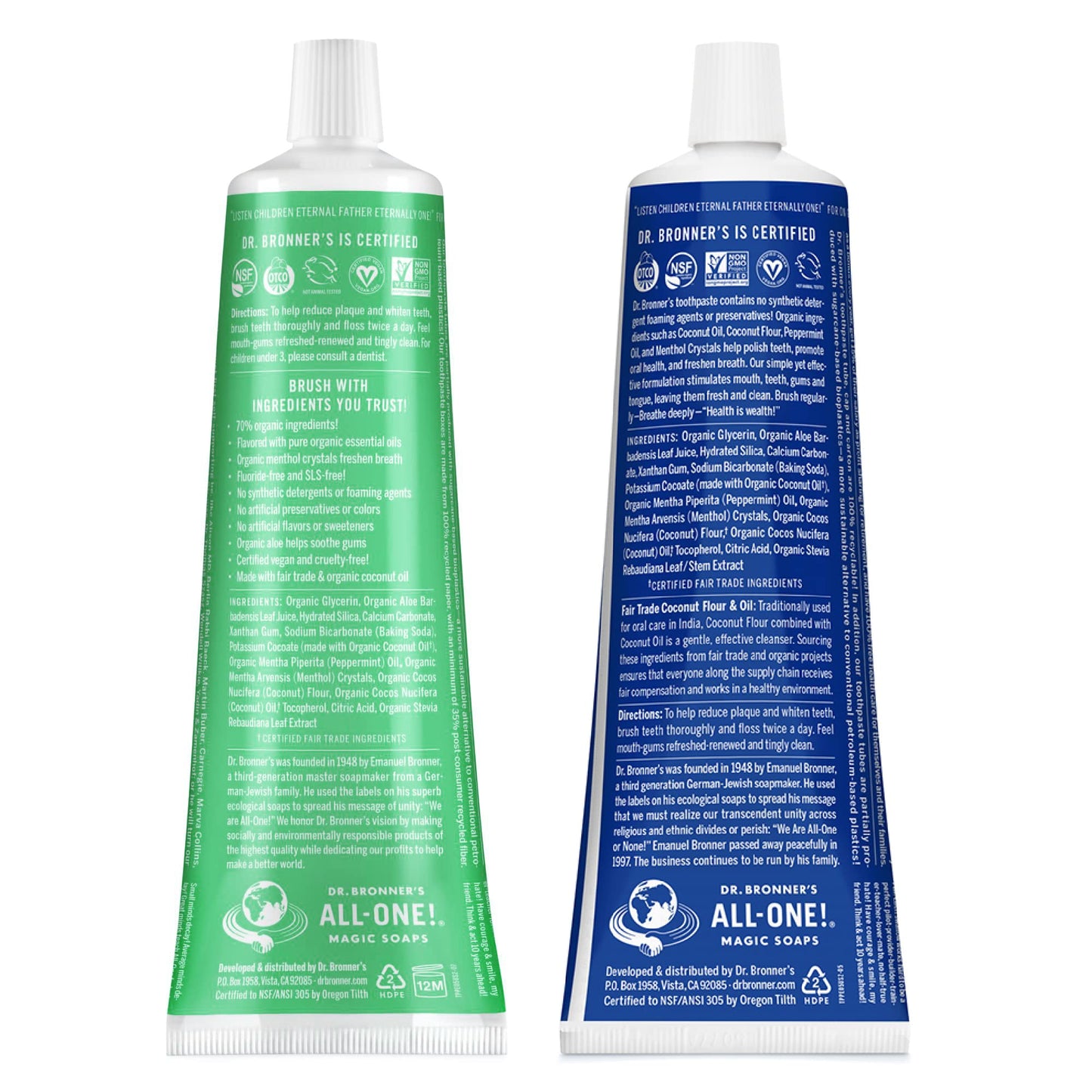 Dr. Bronner’s All-One Toothpaste Variety Pack – Peppermint & Spearmint (70% Organic, Fluoride-Free, Vegan)