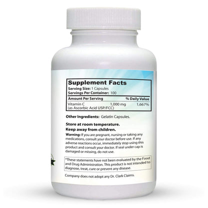Dr Clark Vitamin C Supplement 1000mg - Gluten Free, Immunity Support, Potent Antioxidant, Brain Function & Tissue Repair, 100 Gelatin Capsules