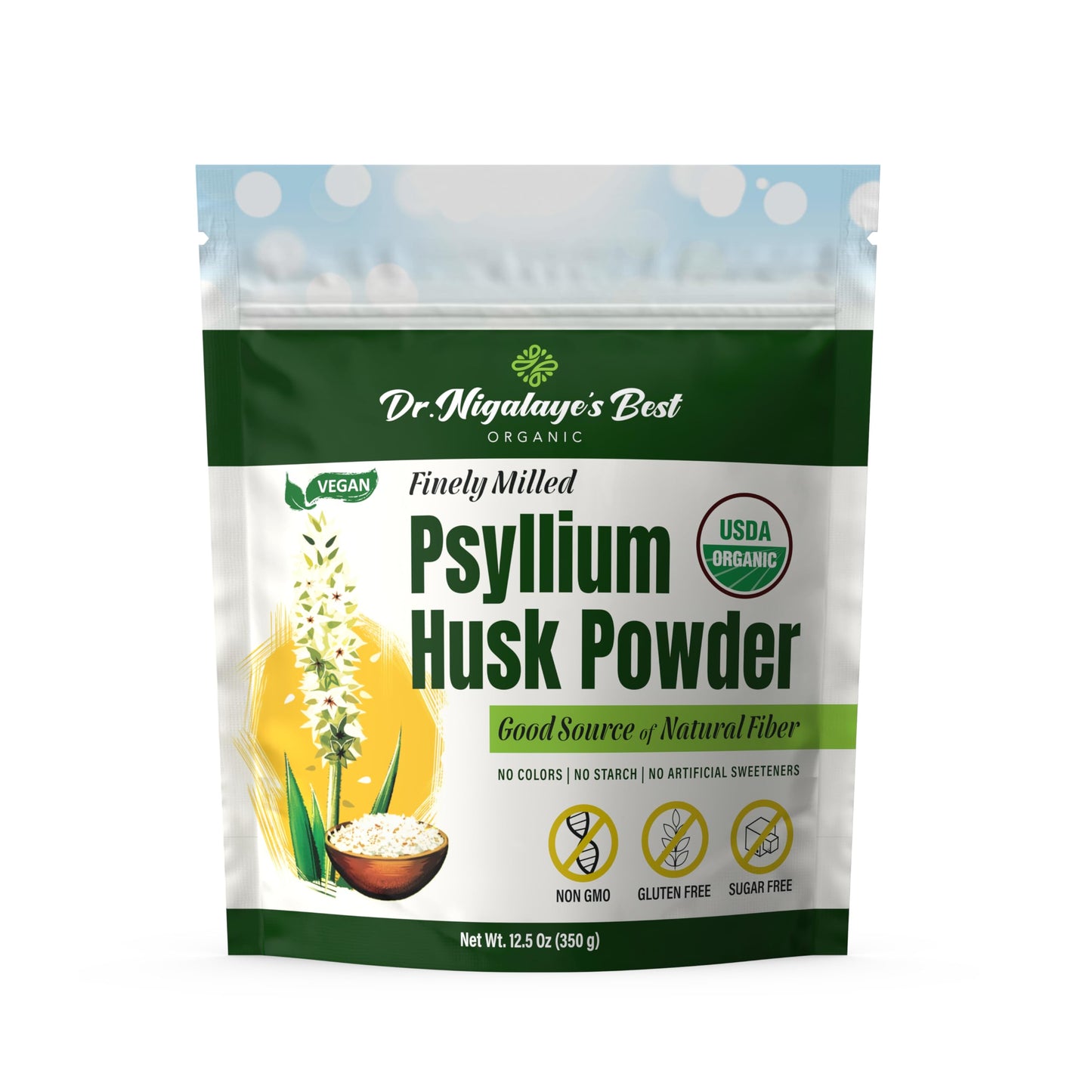 Dr. Nigalaye's Best Finely Milled Organic Psyllium Husk Powder – 12.5 oz | Natural Fiber, Gluten Free, Non-GMO, Sugar Free
