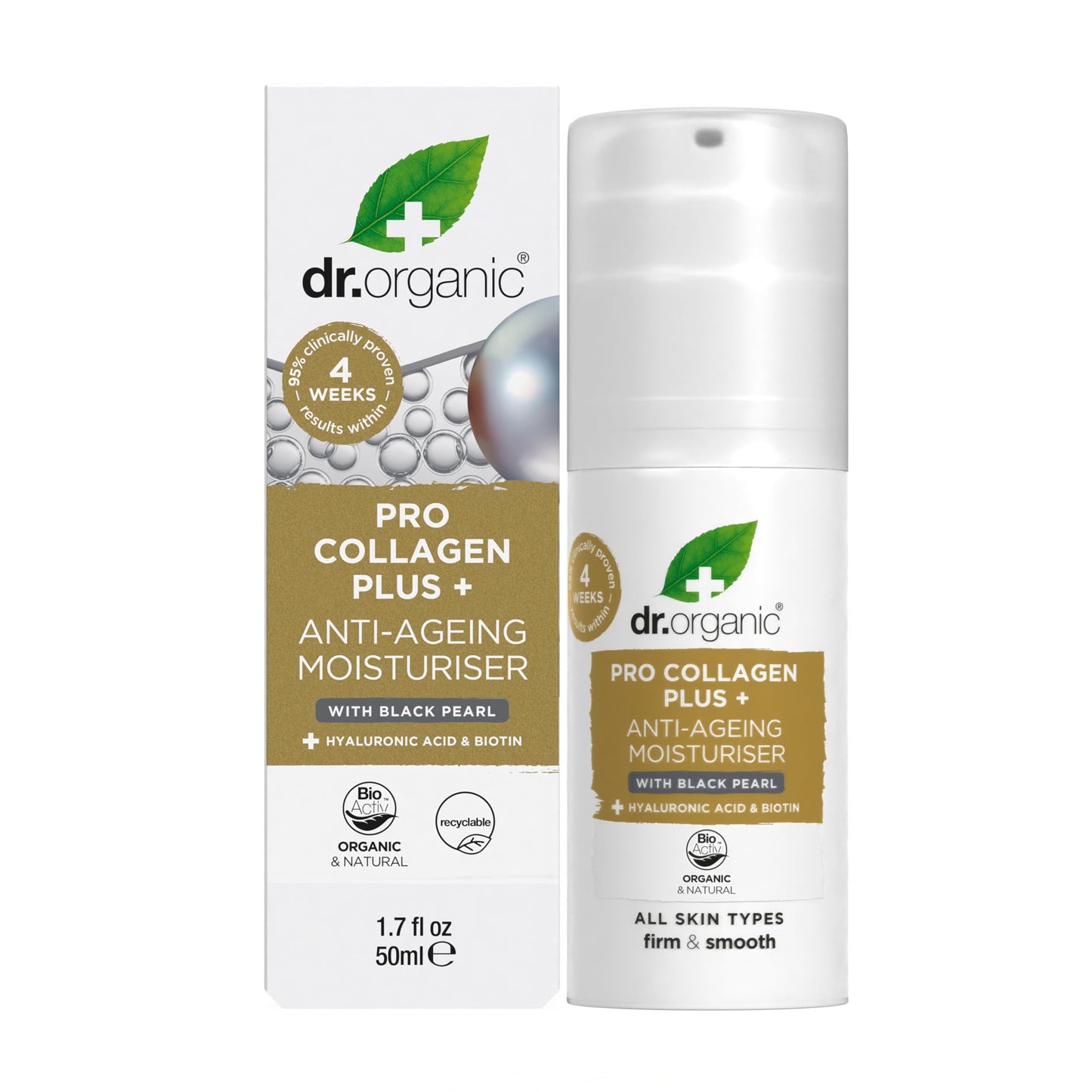 Dr. Organic Pro Collagen Plus Anti-Ageing Moisturiser with Black Pearl – Firm & Smooth Skin, All Skin Types, 50 mL