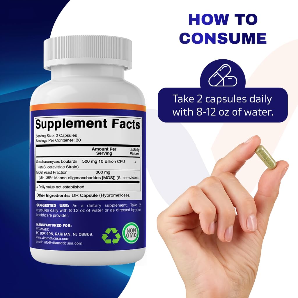 Vitamatic Saccharomyces Boulardii Probiotic 10B CFU – 60 DR Capsules – Made in USA