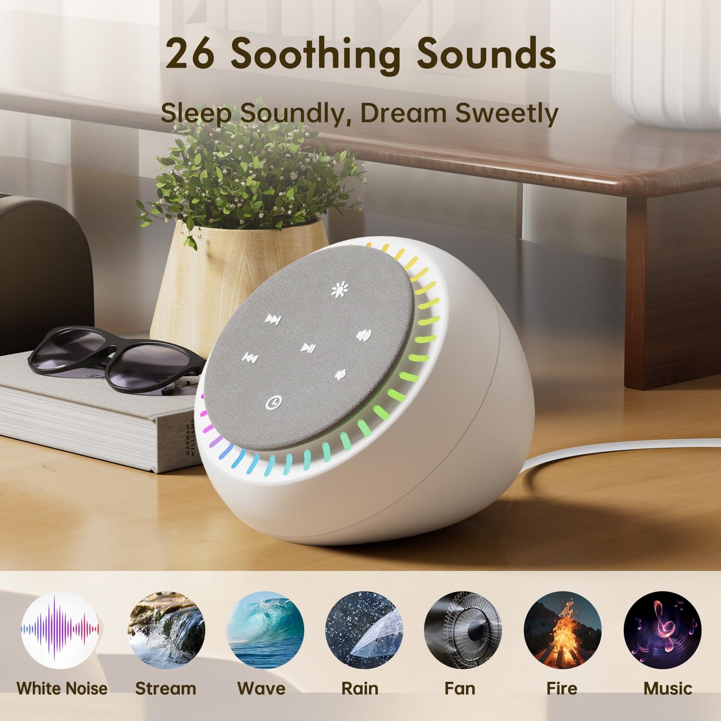 DreamSky Sound Machine for Sleep – 26 Sounds, RGB Night Light, 30 Volume Levels, USB-C Powered