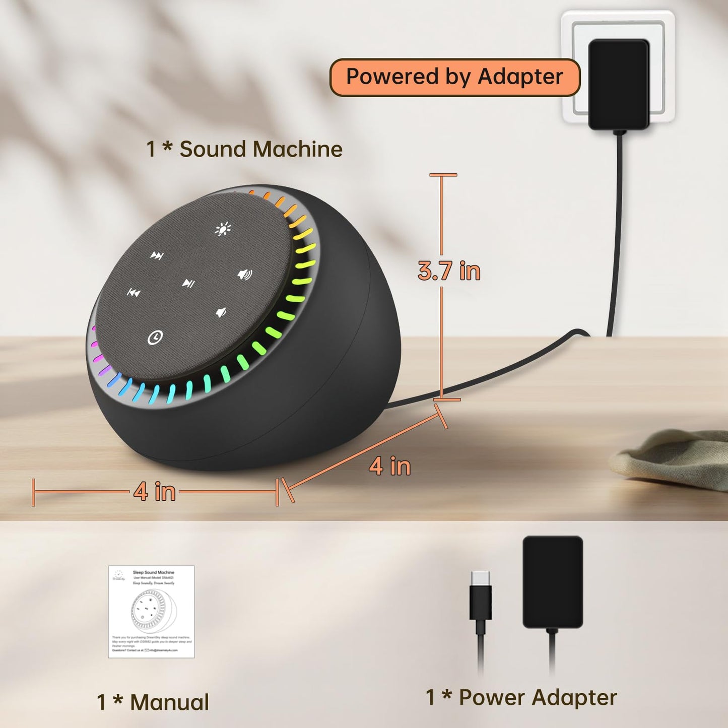 DreamSky Sound Machine for Sleep and Focus | 26 Sounds, RGB Night Light, USB-C