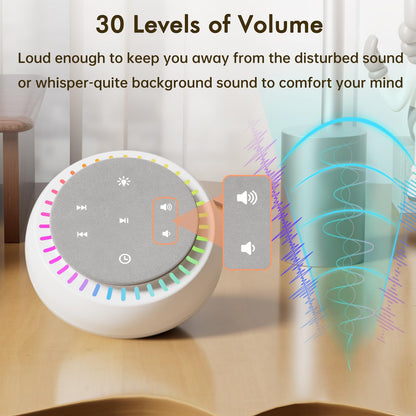 DreamSky Sound Machine for Sleep – 26 Sounds, RGB Night Light, 30 Volume Levels, USB-C Powered