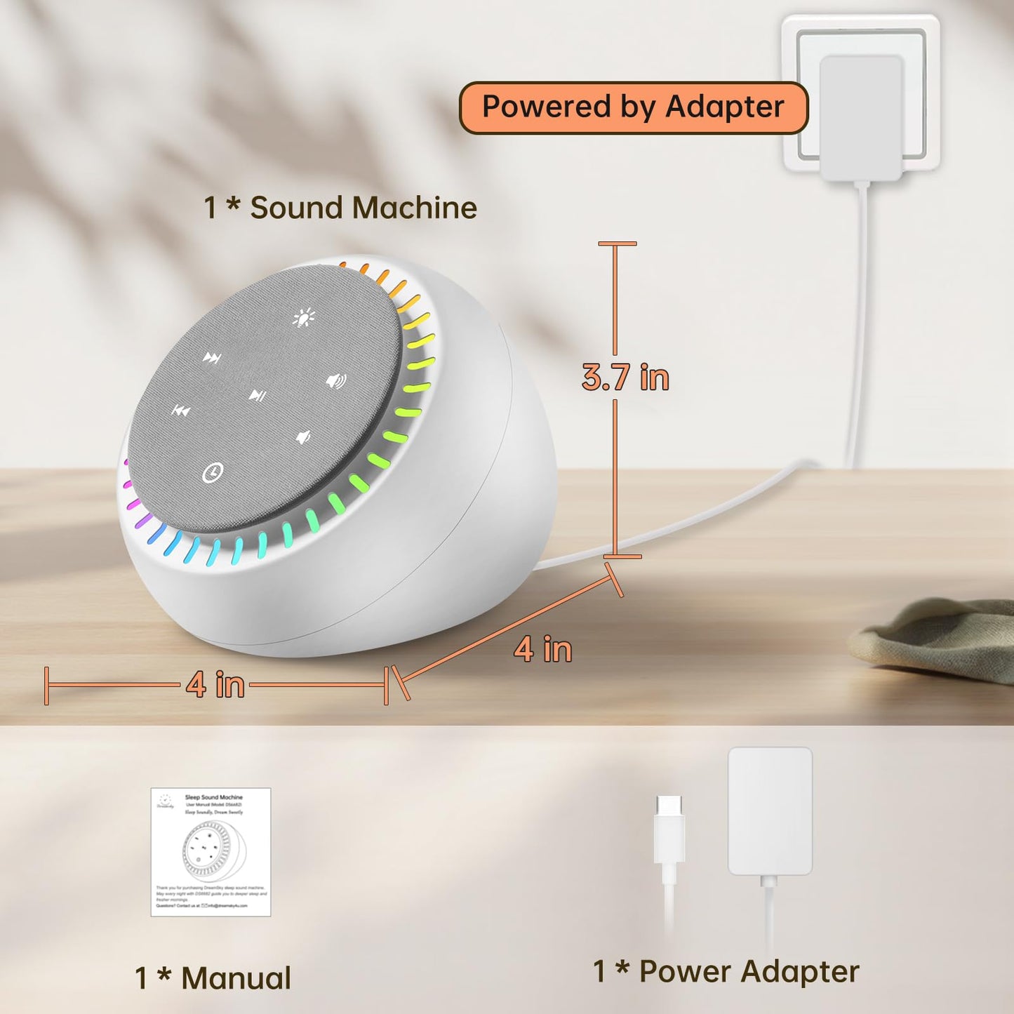 DreamSky Sound Machine for Sleep – 26 Sounds, RGB Night Light, 30 Volume Levels, USB-C Powered