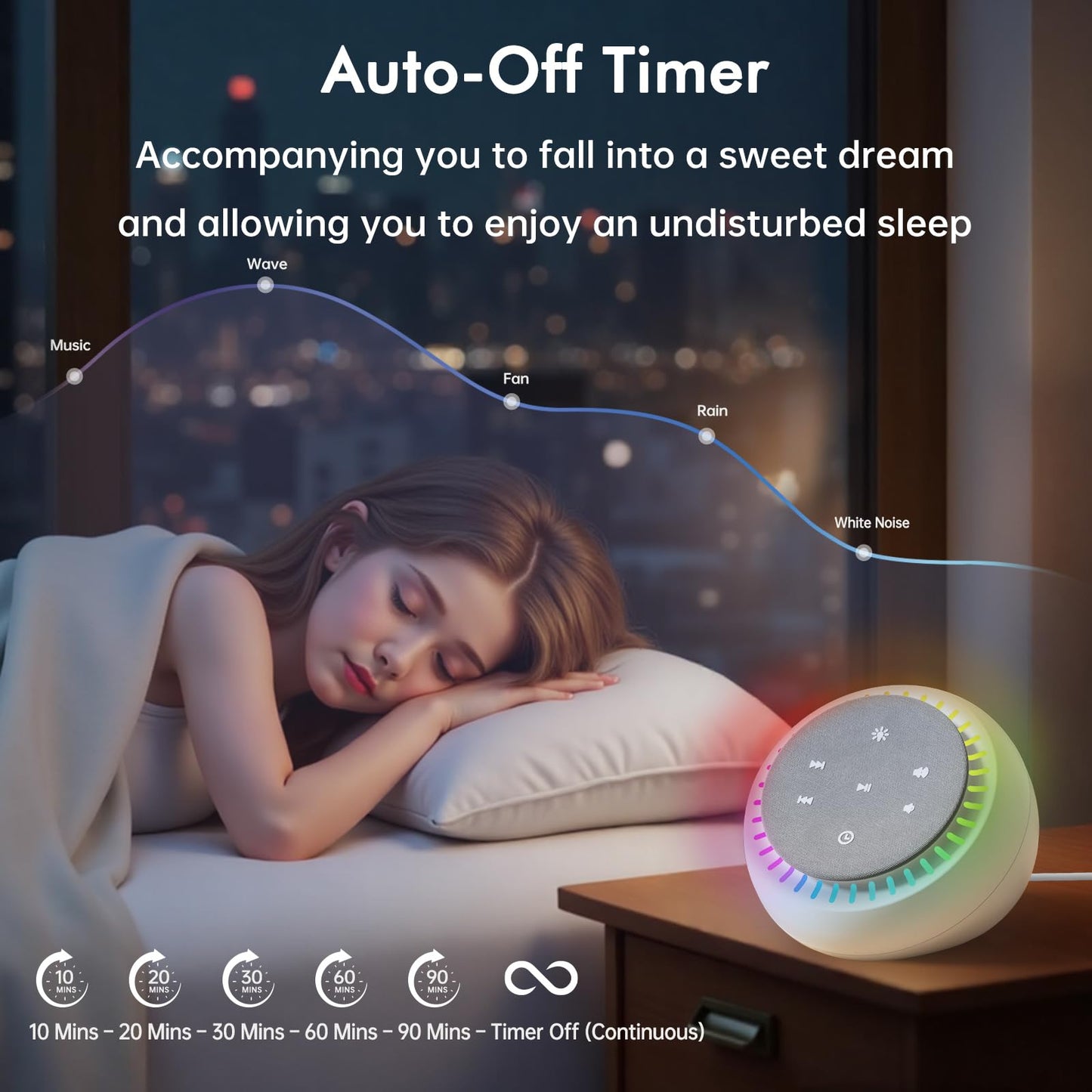 DreamSky Sound Machine for Sleep – 26 Sounds, RGB Night Light, 30 Volume Levels, USB-C Powered