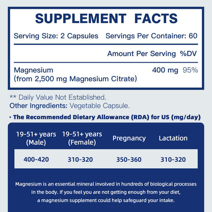 DRFOSTER Magnesium Citrate Capsules 400 mg – High-Absorption, 120 Vegan Capsules (2-Month Supply)