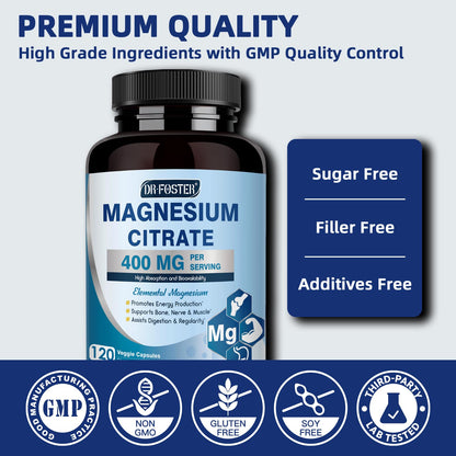 DRFOSTER Magnesium Citrate Capsules 400 mg – High-Absorption, 120 Vegan Capsules (2-Month Supply)