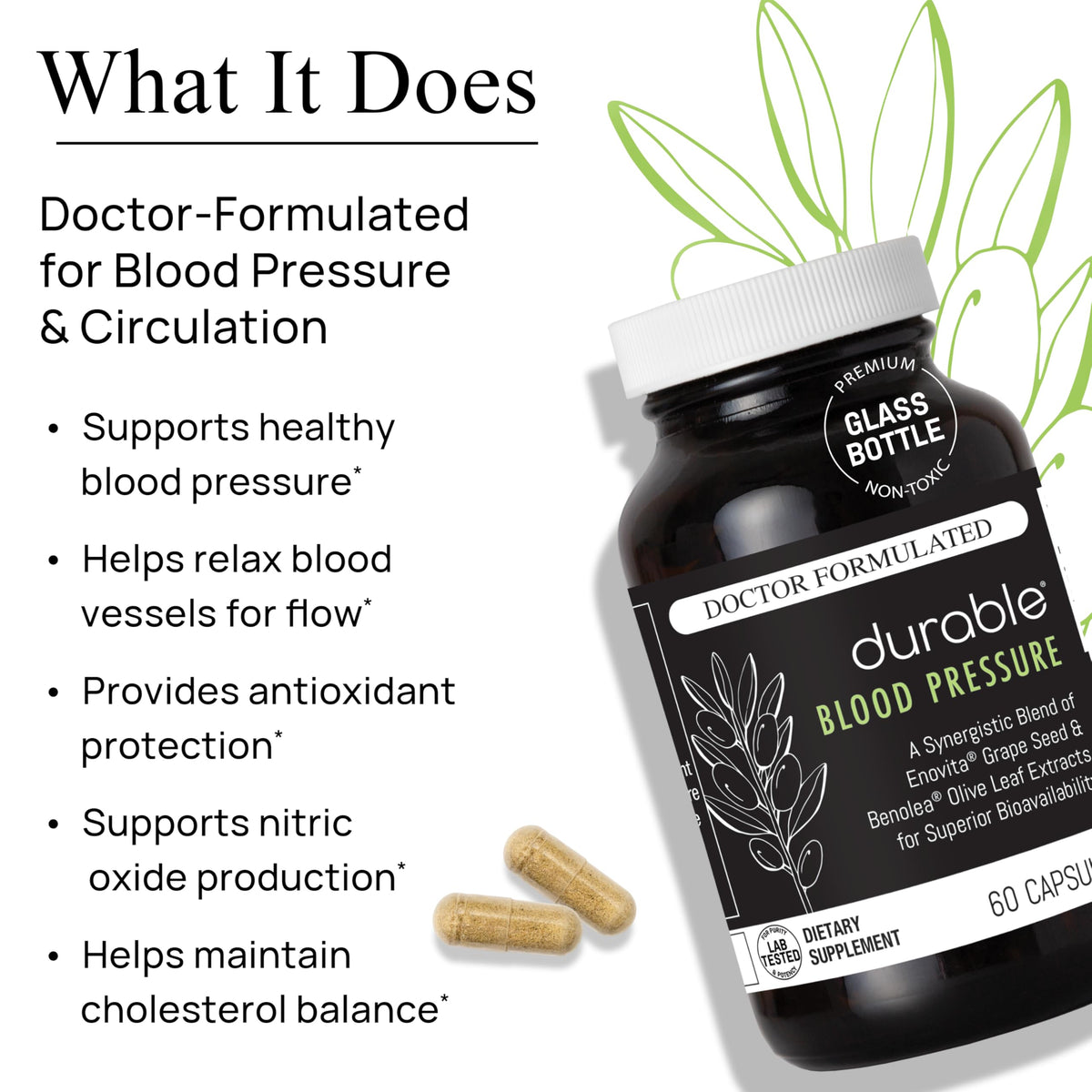 Durable Blood Pressure - Benolea Olive Leaf & Enovita Grape Seed Extract - Doctor Formulated, Vegan, Non-GMO, Made in USA (180 Capsules)