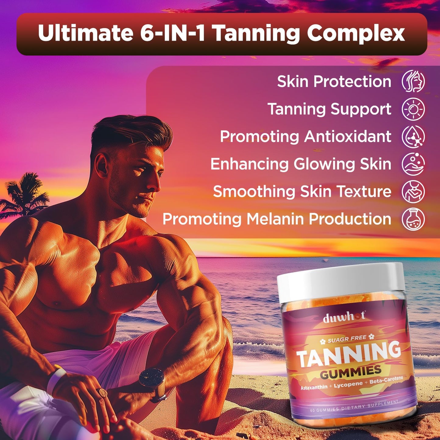 duwhot 9-in-1 Tanning Gummies – Sugar Free Vegan, Orange Flavor, 60 Count