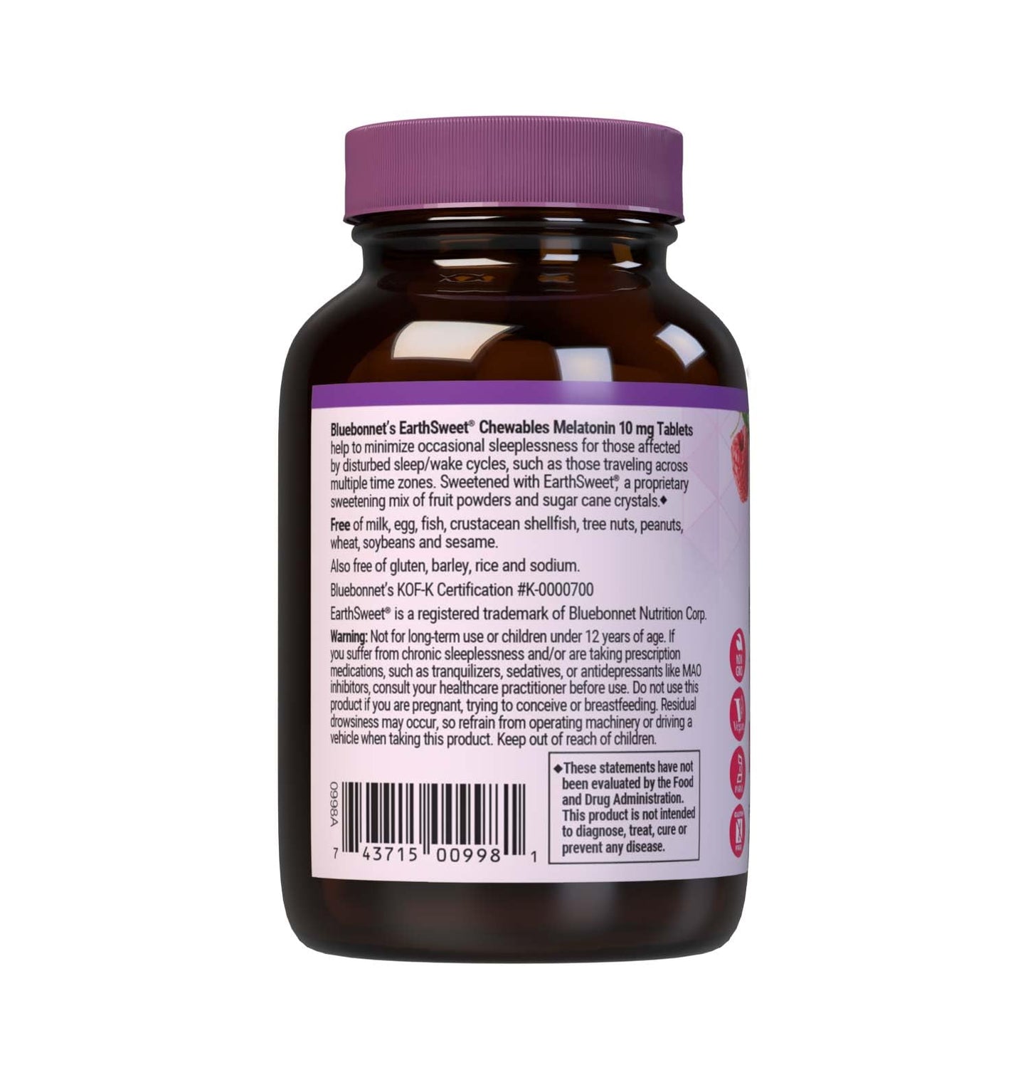 BlueBonnet EarthSweet Melatonin 10 mg Fast-Acting Chewables – Raspberry, Gluten-Free & Vegan