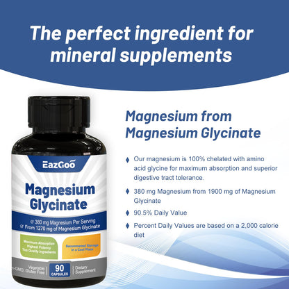 EAZGOO Magnesium Glycinate Capsules 1270mg - High Absorption, 90 Caps