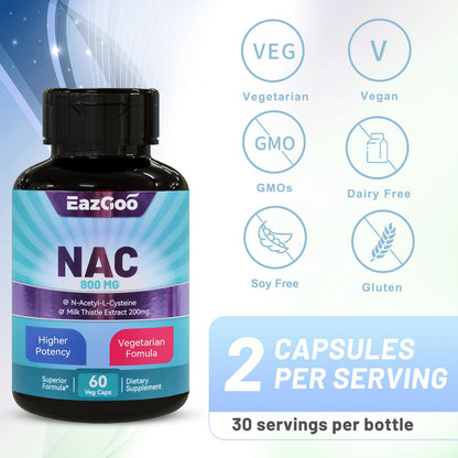 EAZGOO NAC 800mg + Milk Thistle 200mg - 60 Caps | Non-GMO, Gluten Free