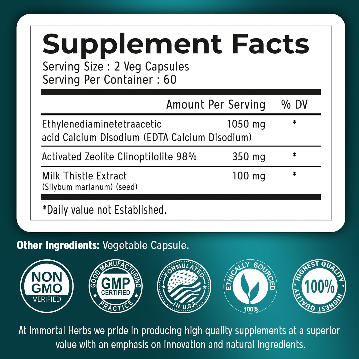 Immortal Herbs Calcium Disodium EDTA Capsules 1500mg with Zeolite Clinoptilolite & Milk Thistle – 120 Vegan, Non-GMO, Gluten Free