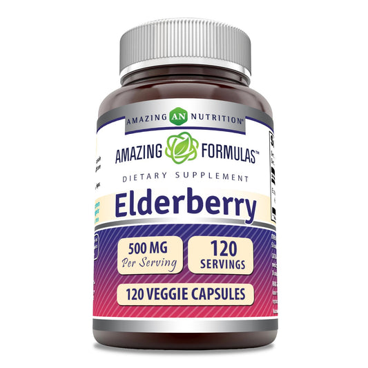 Amazing Formulas Elderberry Supplement – 500 mg, 10:1 Concentrate, 120 Veggie Capsules