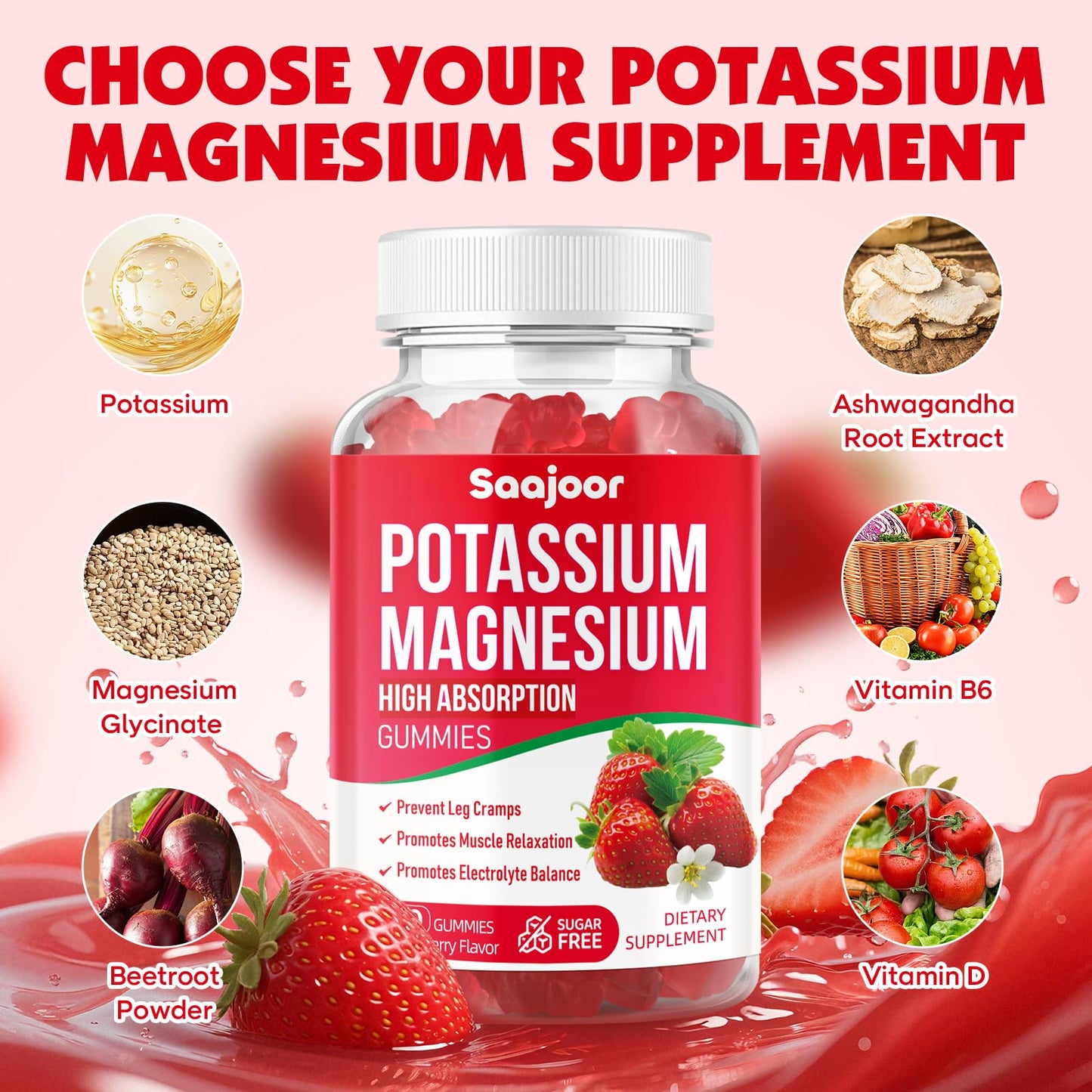 Potassium Magnesium Gummies with High Absorption Magnesium Glycinate, D3 & B6 – Strawberry Flavor (60 Count)