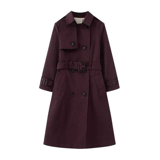 Elegant Trench Coat for Women - Belted, Long Sleeve, Solid Color, Available in Dark Red and Deep Khaki