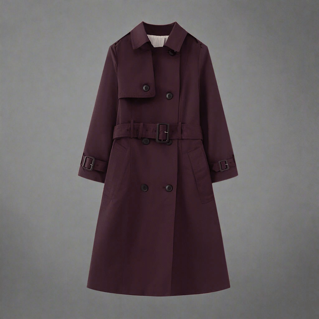 Elegant Trench Coat for Women - Belted, Long Sleeve, Solid Color, Available in Dark Red and Deep Khaki