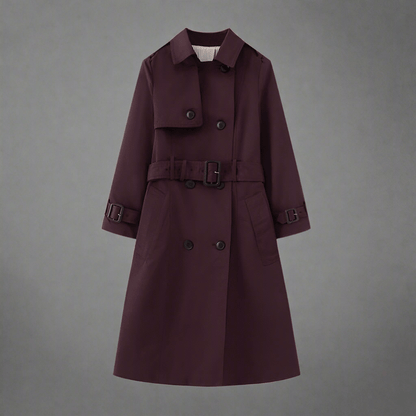 Elegant Trench Coat for Women - Belted, Long Sleeve, Solid Color, Available in Dark Red and Deep Khaki