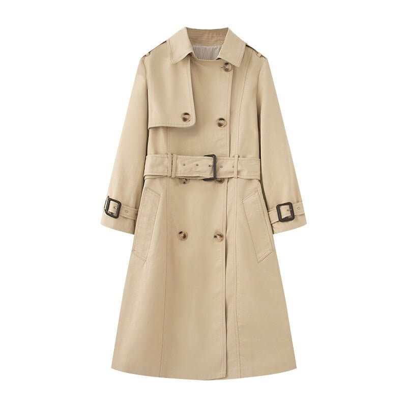 Elegant Trench Coat for Women - Belted, Long Sleeve, Solid Color, Available in Dark Red and Deep Khaki