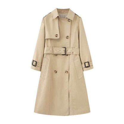 Elegant Trench Coat for Women - Belted, Long Sleeve, Solid Color, Available in Dark Red and Deep Khaki