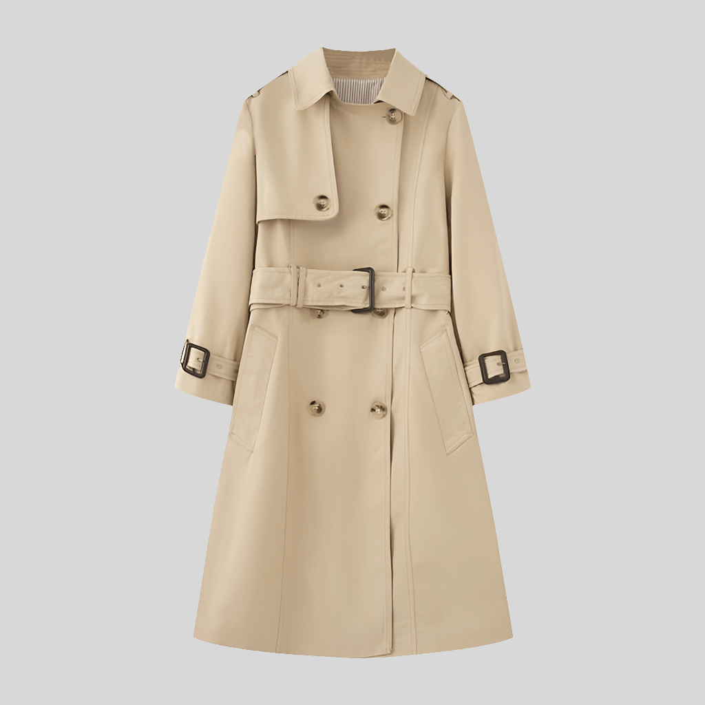 Elegant Trench Coat for Women - Belted, Long Sleeve, Solid Color, Available in Dark Red and Deep Khaki