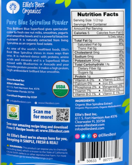 Ellie's Best Organic Blue Spirulina Powder – 3 lb Bulk, Odorless, Water-Extracted, Vegan