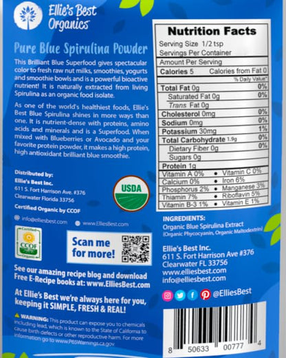 Ellie's Best Organic Blue Spirulina Powder – 3 lb Bulk, Odorless, Water-Extracted, Vegan