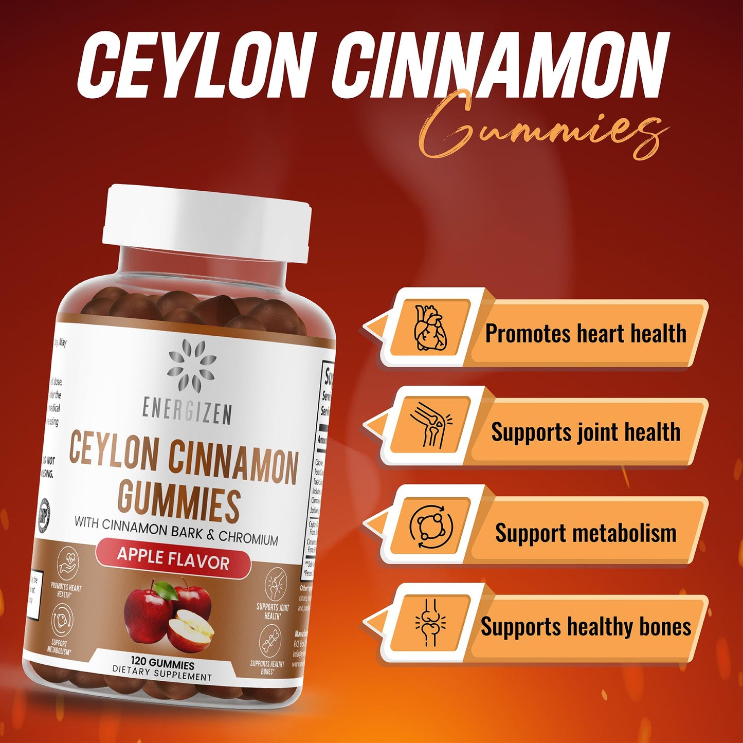 Energizen Cinnamon + Chromium Gummies - 120 Vegan Gummies | Joint Pain & Brain Health Support, Sugar-Free, Non-GMO, Gluten-Free