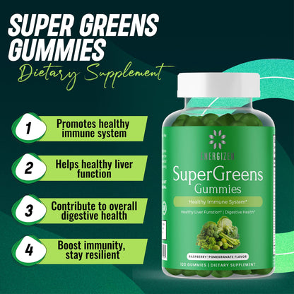 Energizen Green Superfood Gummies Plus – Liver Support, Digestive Health & Immunity (Vegan, Non-GMO, Gluten-Free) – Raspberry & Pomegranate, 120 Count