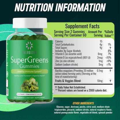 Energizen Green Superfood Gummies Plus – Liver Support, Digestive Health & Immunity (Vegan, Non-GMO, Gluten-Free) – Raspberry & Pomegranate, 120 Count
