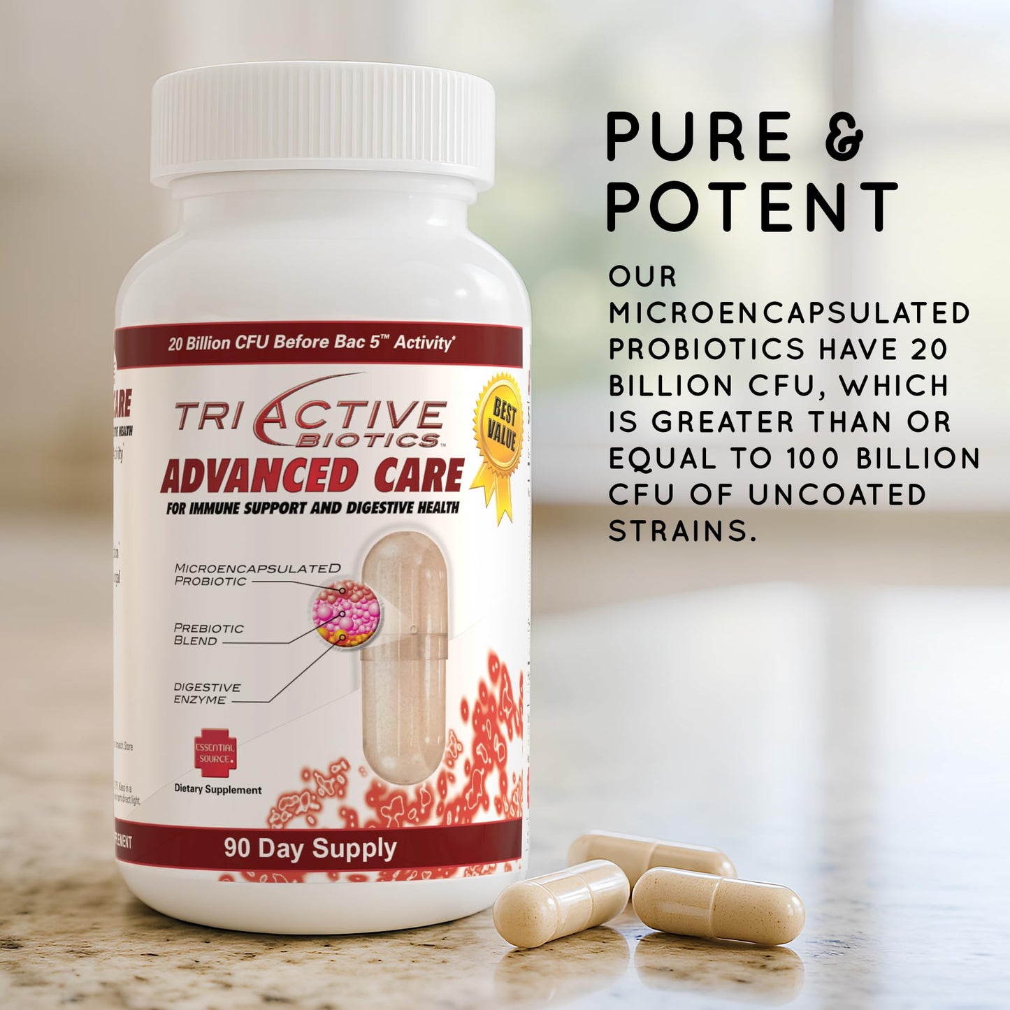 Essential Source TriActive Biotics Advanced Care - 20 Billion CFU Microencapsulated Probiotics, 90 Capsules