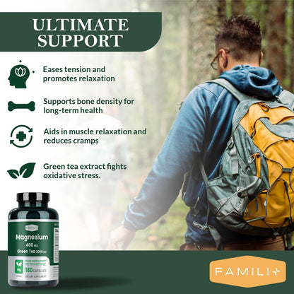 FAMILI+ Magnesium 400mg + 100mg Green Tea Extract | L-Theanine | 180 Vegan Capsules | Sleep, Stress & Muscle Support