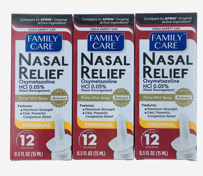 Family Care Nasal Relief Pump Mist Spray .5 oz – Pack of 3 | Anti-Drip, 12-Hour Relief