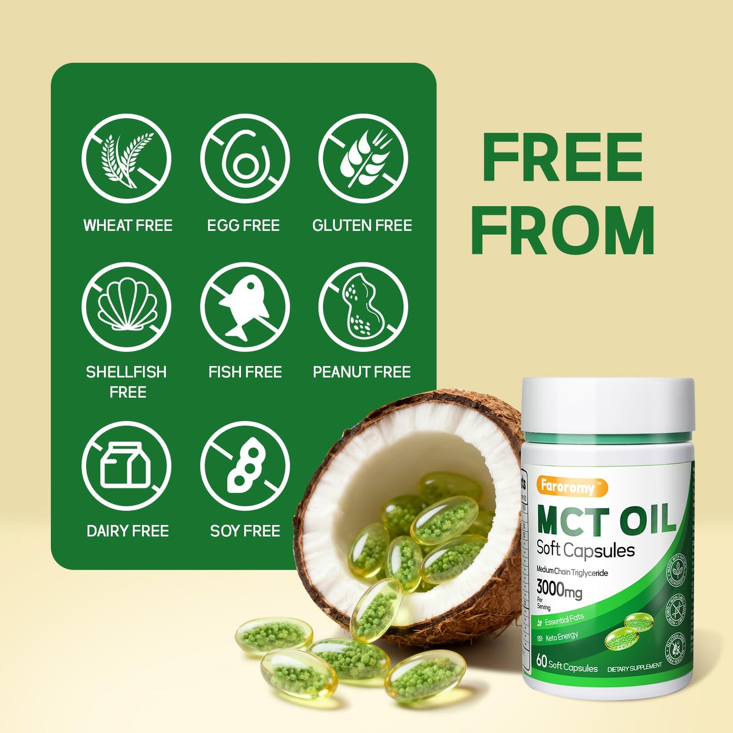 Faroromy MCT Oil Capsules 3000mg – 60 Softgels | Keto Friendly Supplement with CLA, L-Theanine, B12, Ginger Oil & Black Pepper – Non-GMO, Gluten-Free Coconut Source for Daily Wellness