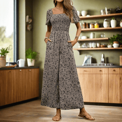 Fashion Commuting Style Jumpsuit for Women - Printed Wide-Leg Pants in Apricot, S-XL