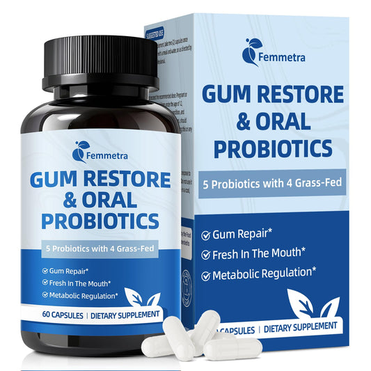 Femmetra Oral Probiotics - دعم رائحة الفم الكريهة واللثة، 10 مليار وحدة تشكيل مستعمرة، 60 كبسولة