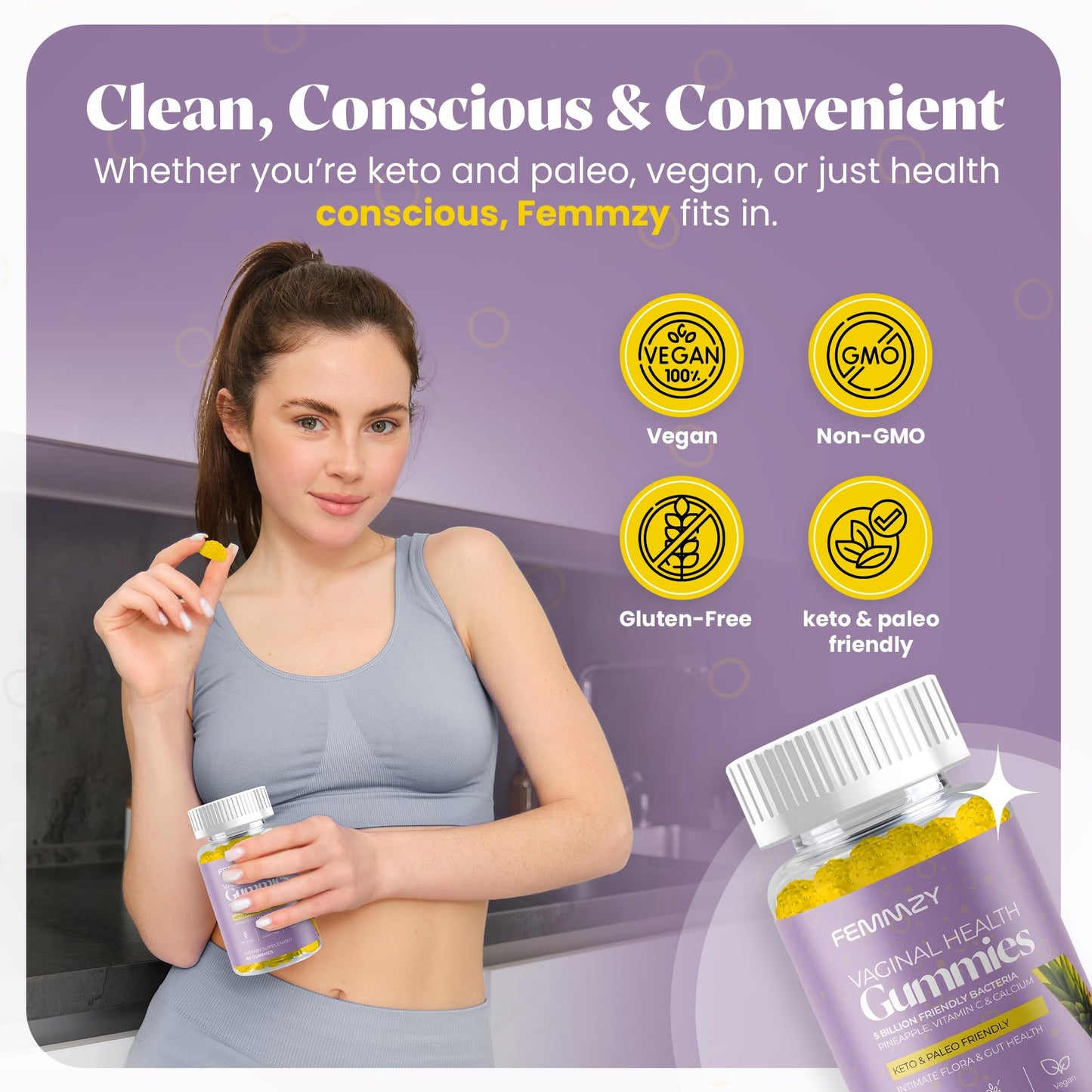 FEMMZY Vaginal Probiotic Gummies for BV, Odor & pH Balance